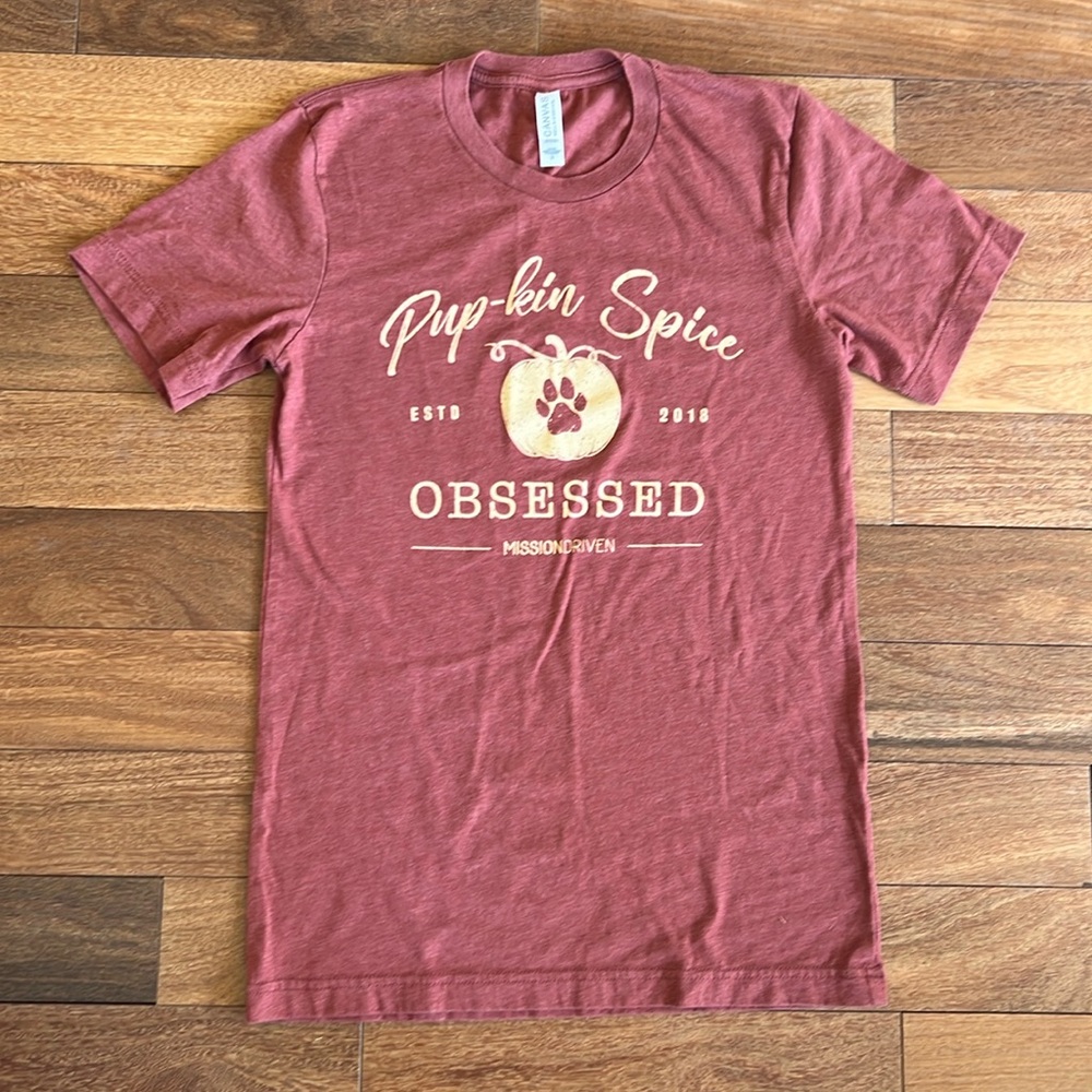 Mission Driven womens t shirt pupkin spice obsessed small dog rescue